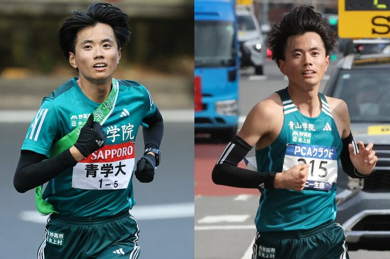 箱根山中（左）では腕を身体の全面で旋回するような腕振りだったのが、マラソン時（右）は腕が身体の横に　©JMPA/JIJI PRESS