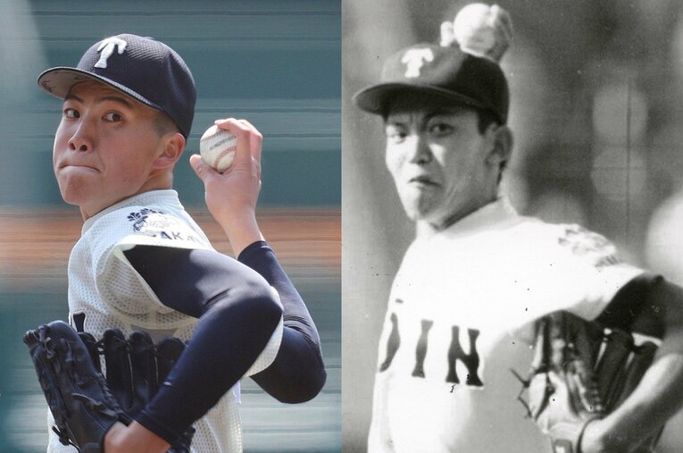 今季の大阪桐蔭でエース番号を背負う平嶋桂知（左）。中学時代に師事した和田友貴彦コーチ（右）は、1991年のセンバツ初出場時の大阪桐蔭のエースだった ／ photograph by (L)JIJI PRESS、(R)Asahi Shimbun