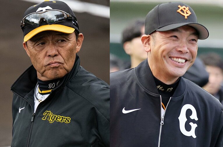 連覇を目指す阪神・岡田彰布監督（左）、今季から巨人を率いる阿部慎之助監督 ／ photograph by L）Nanae Suzuki／R）JIJI PRESS