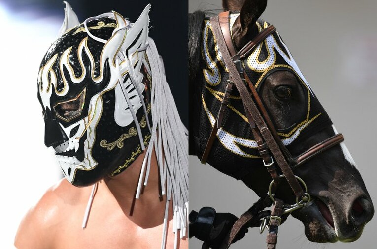 新日本プロレスで活躍するエル・デスペラードと“競走馬”エルデスペラード号。同じデザインのマスク（メンコ）が微笑ましい ／ photograph by Masashi Hara