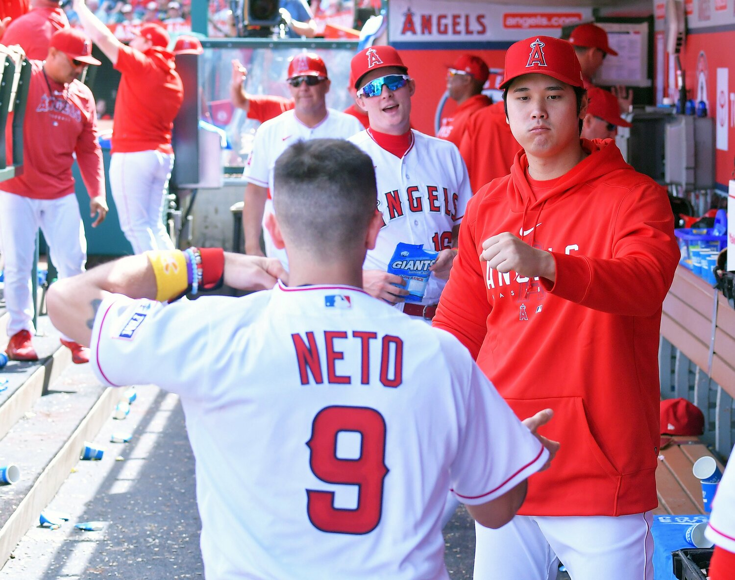 ネトとグータッチする大谷　©JIJI PRESS