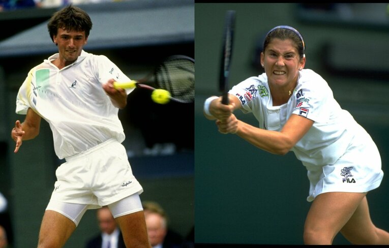 当時20歳だったクロアチアのゴラン・イバニセビッチ（左）とユーゴスラビアの18歳モニカ・セレス（右）。ウィンブルドンでは、男女の優勝者がパーティーでダンスを踊るという慣習があるため、対立する当事国の男女が決勝に残ったことは世界的にも注目された　©Getty Images