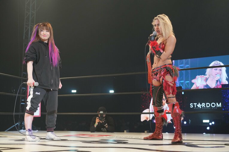 雪妃戦直後のジュリアに挑戦表明したたむ。お互いを「必要とする」ライバル同士の対戦に　©Essei Hara