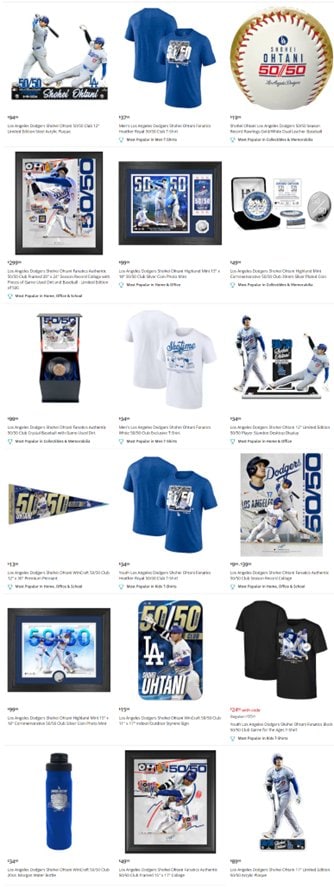 MLB公式オンラインショップにも50-50関連商品がズラリと並んだ ※MLB公式サイトのスクリーンショット