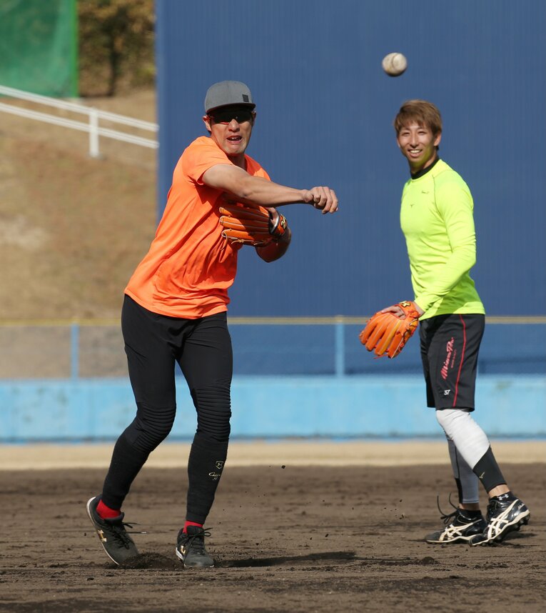 2019年1月、柳田悠岐（左）らとトレーニングに励む福田秀平　©︎JIJI PRESS