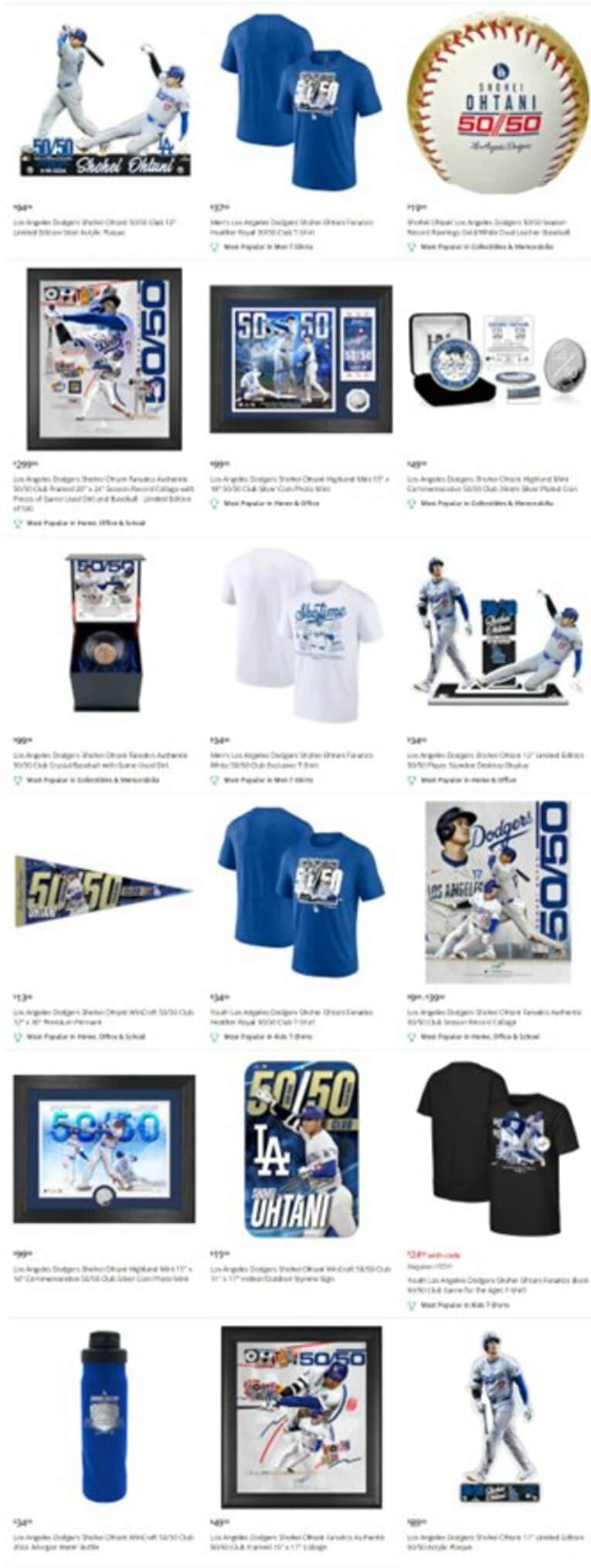 MLB公式オンラインショップにも50-50関連商品がズラリと並んだ　※MLB公式サイトのスクリーンショット