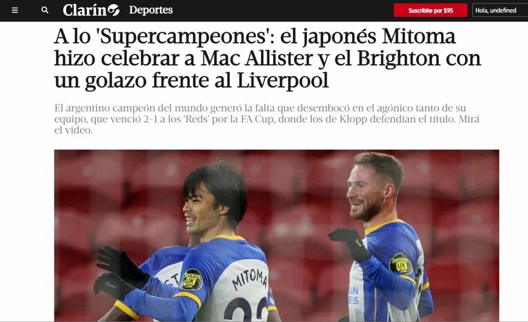 1月29日のアルゼンチンの日刊紙「エル・クラリン」。「日本人ミトマがリバプール相手にゴラッソ（スーパーゴール）を決め、マクアリスターが所属するブライトンに勝利をもたらした」の見出し