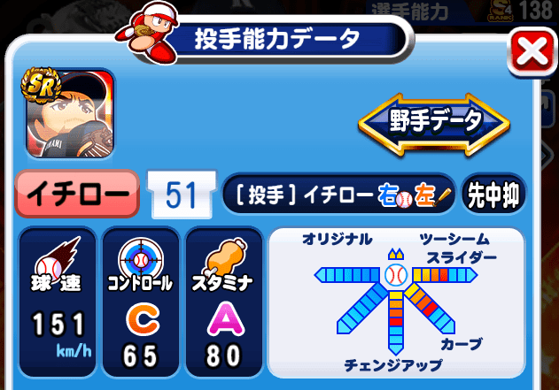 『パワプロアプリ』で再現された投手・イチロー。最速151km、スタミナAは十分本格派と言える能力だ　©Konami Digital Entertainment