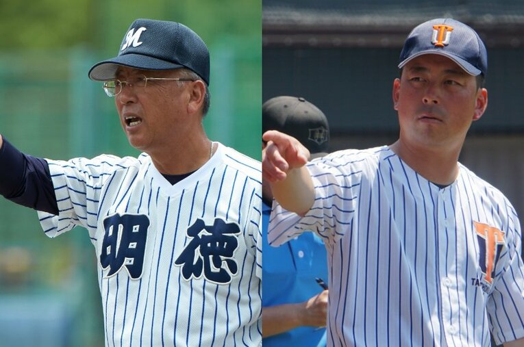 明徳義塾高校・馬淵史郎監督（左）と、息子で拓殖大学野球部監督の馬淵烈（右）。選手たちに指示を出す姿がよく似ている ／ photograph by Tadashi Shirasawa／Kei Nakamura