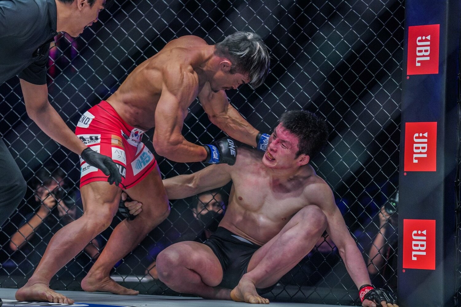 金網を背負わせてパンチの猛ラッシュ。ここで試合が終わった　©ONE Championship