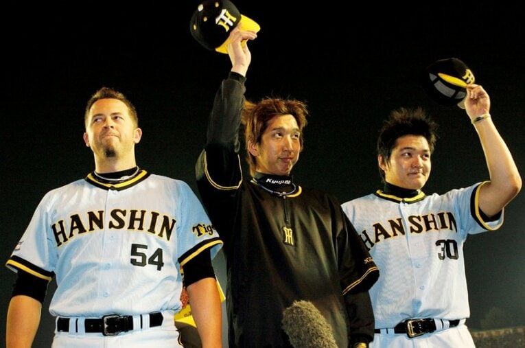 2005年の阪神優勝の立役者となった黄金のリリーフ陣「JFK」（左から）ジェフ・ウィリアムス、藤川球児、久保田智之 ／ photograph by SANKEI SHIMBUN