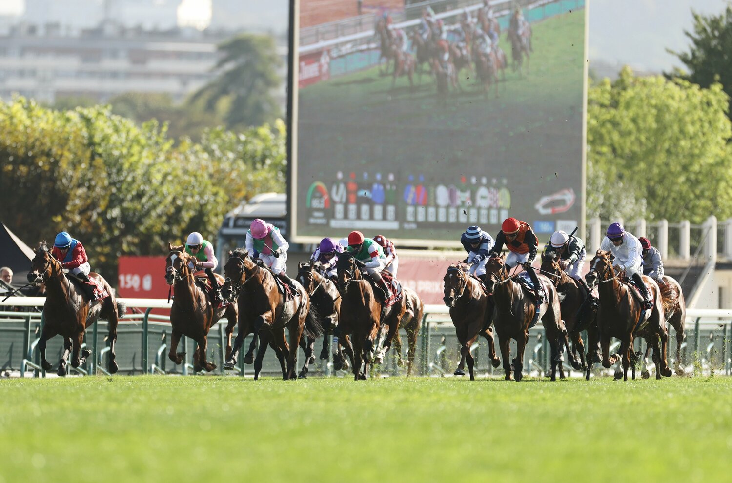 力走するクリストフ・ルメール騎手（中央左の赤い帽子）騎乗のスルーセブンシーズ　©JIJI PRESS
