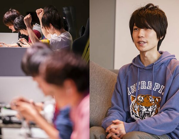 (左)壇上のプレーヤーたちは黙々と技を繰り出すが、時に客席に向けパフォーマンスを見せる。(右)モンストの奥深さを語ってくれたタイガー桜井氏。