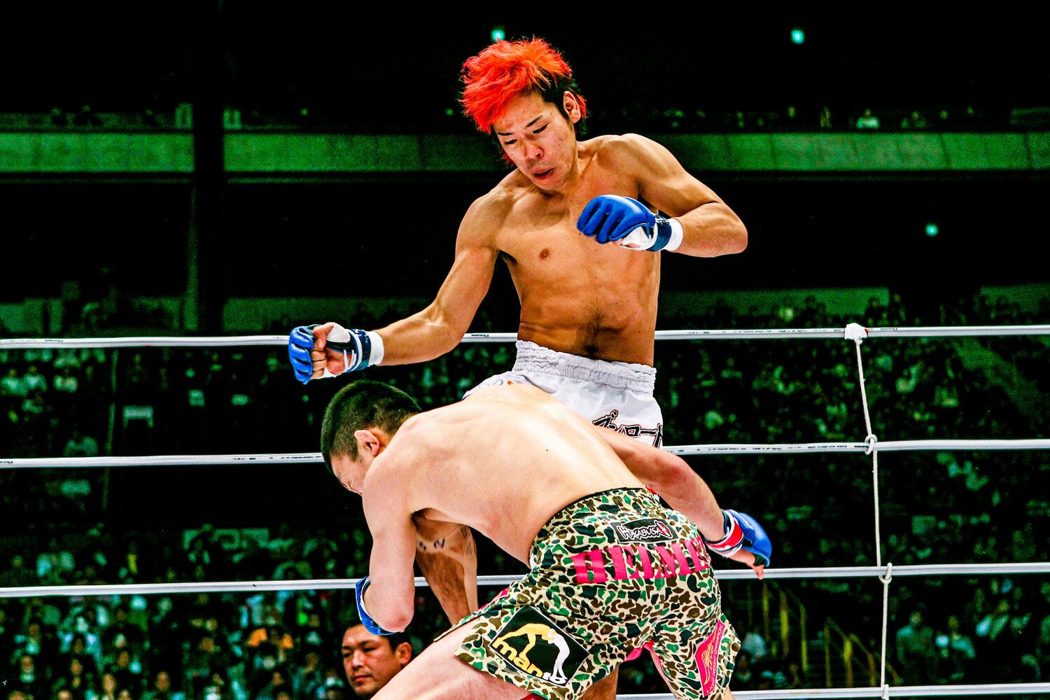 青木真也のタックルに膝蹴りを合わせる長島☆自演乙☆雄一郎 ©Susumu Nagao