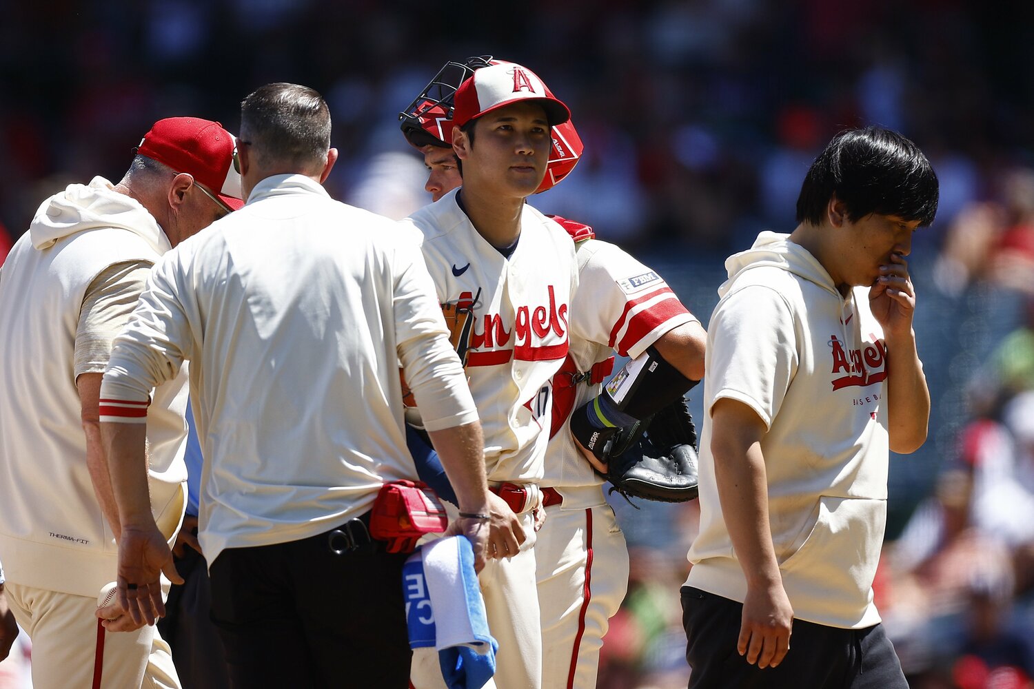 8月23日のレッズとのダブルヘッダー第1試合、大谷翔平は初回に緊急降板。検査の結果、右肘靭帯の損傷が明らかになった　©Getty Images