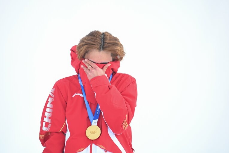 男子スノーボードのスロープスタイルで金メダルを獲得した中国のシャオミン　©Nanae Suzuki / JMPA