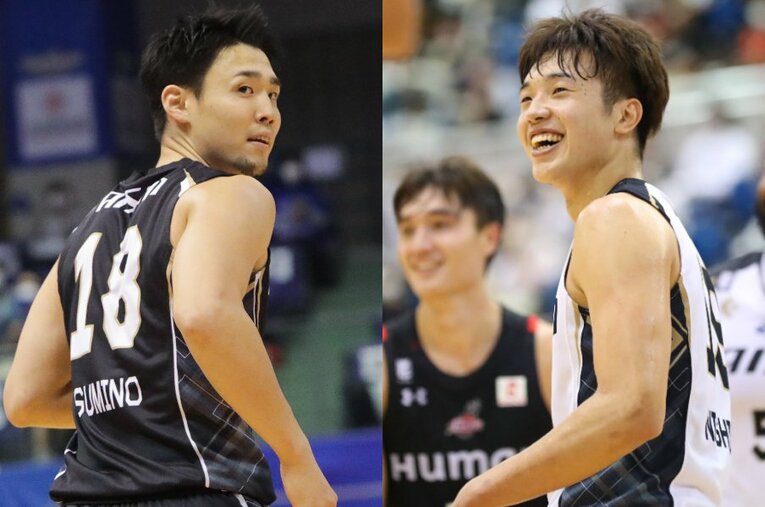 「得点王が目標」とエースの自覚が芽生えた角野（左）と、新人王の呼び声高いルーキー西田（右） ／ photograph by B.LEAGUE