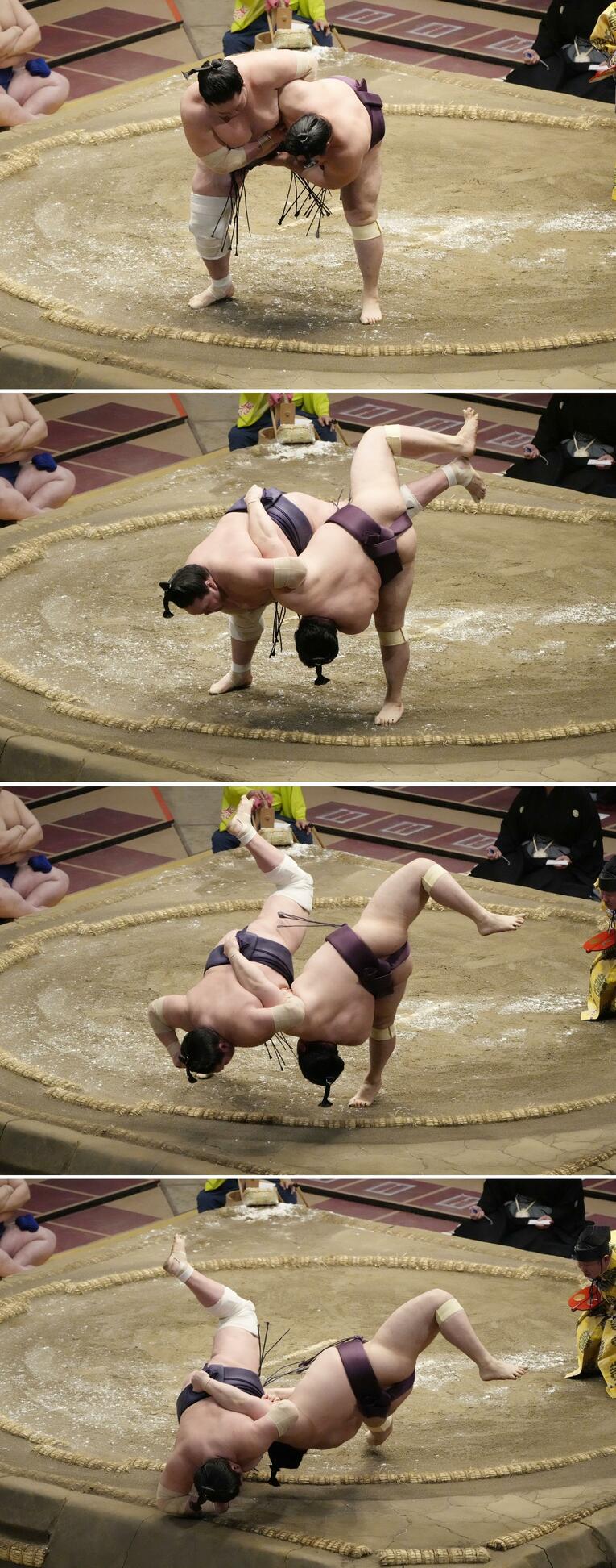 夏場所14日目 遠藤（右）が下手投げで照ノ富士を破る（写真、上から下へ）。物言いがつく際どい勝負だった　©KYODO
