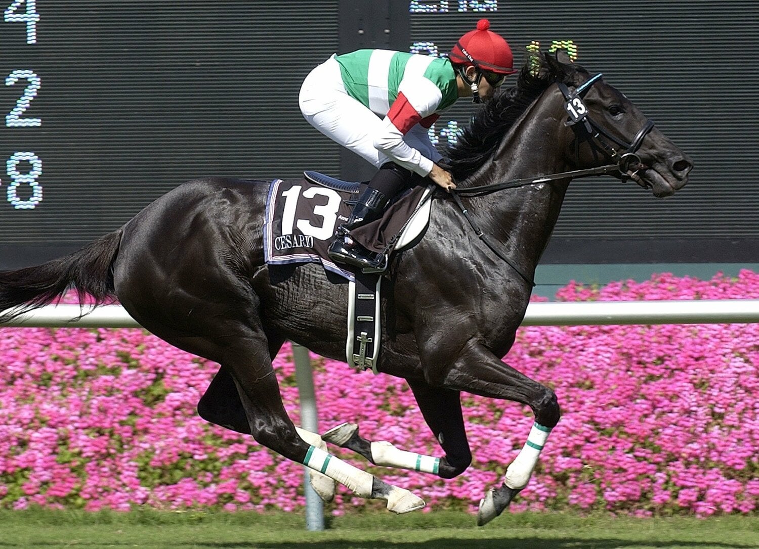 2005年のアメリカンオークス（GI）を制した際のシーザリオと福永祐一　©AFLO