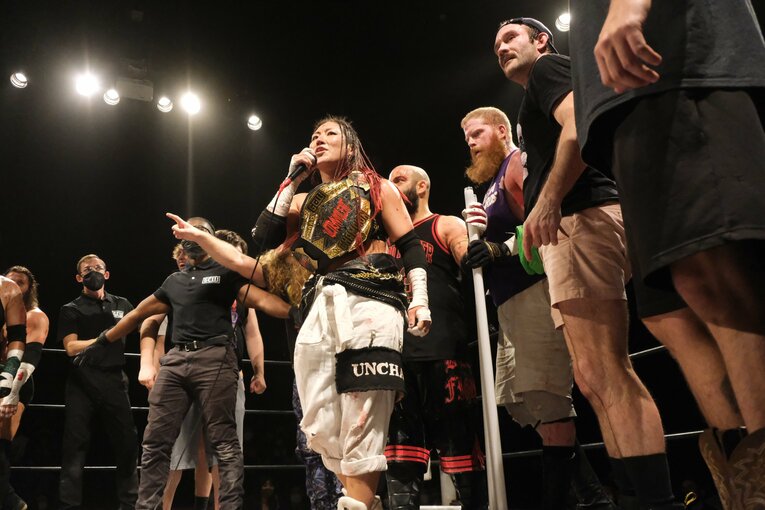 大将格としてGCW日本ツアーに参戦した山下りな（写真をクリックすると「この記事の写真」に飛びます。流血等の写真を含みますので、ご注意ください）　©Norihiro Hashimoto