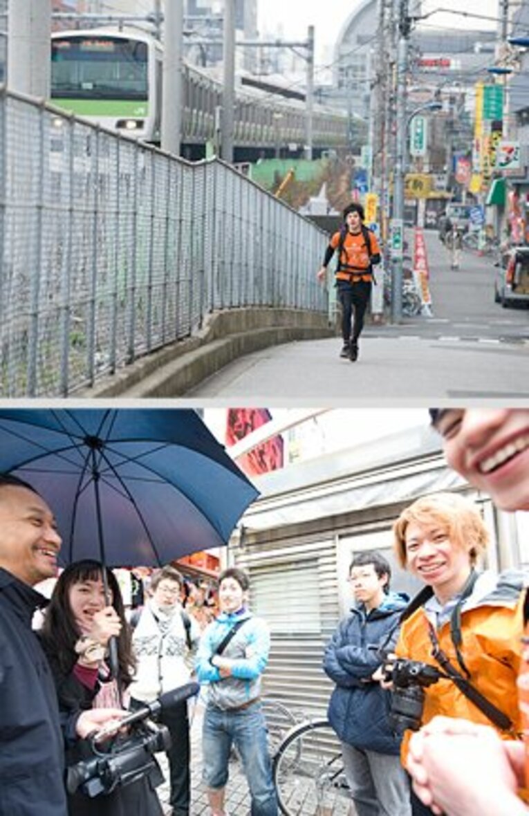 （上）PV撮影のために山手線と併走。もちろん練習を兼ねてます （下）左端が撮影をしてくれたポール先生です。撮影にはたくさんの人が協力してくれました