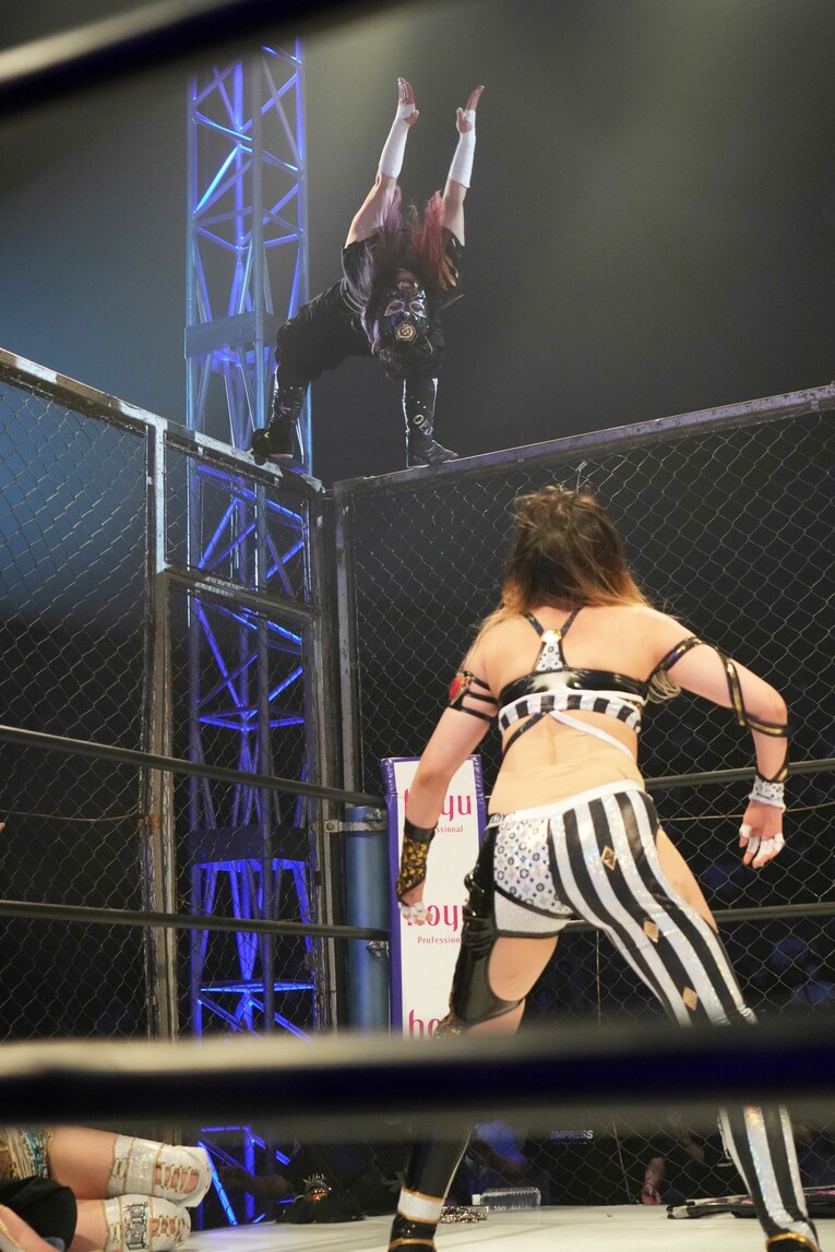 金網のてっぺんからのムーンサルト