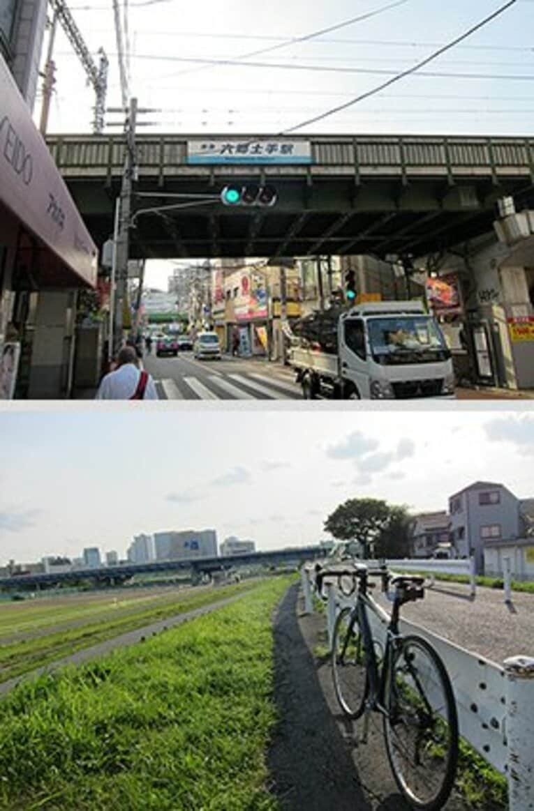 【写真上】 大人になった今。六郷土手に来てみると……ビミョ～な気持ちになった。
【写真下】 多摩川の土手と自転車。ここが江戸の一番端っこなのだ。