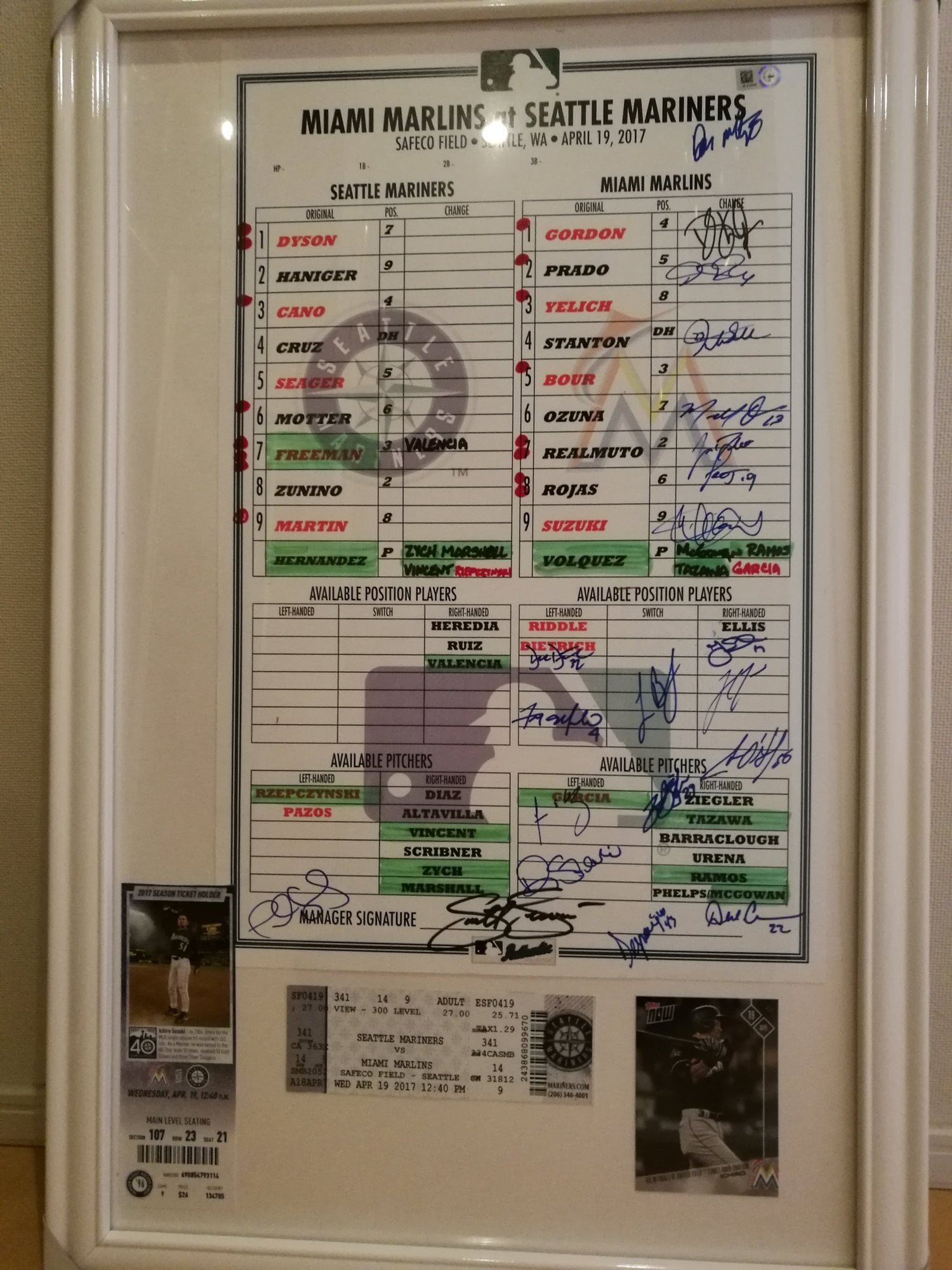 2017セーフコ・フィールド ベンチに貼られていたラインナップカード、イチロー、スタントン、ゴードンら直筆サインがズラリ©Aki