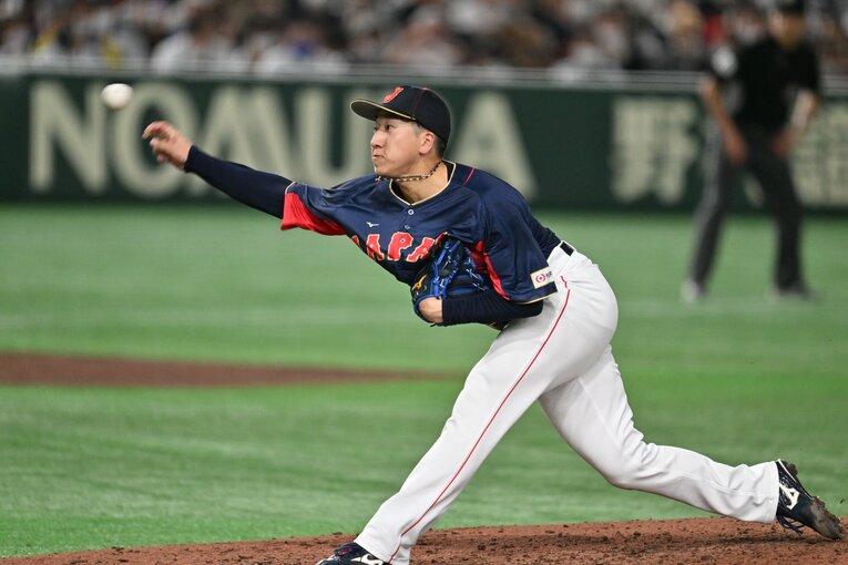 WBCオーストラリア戦の8回に登板し、打者3人を無失点に抑えた大勢　©︎Naoya Sanuki
