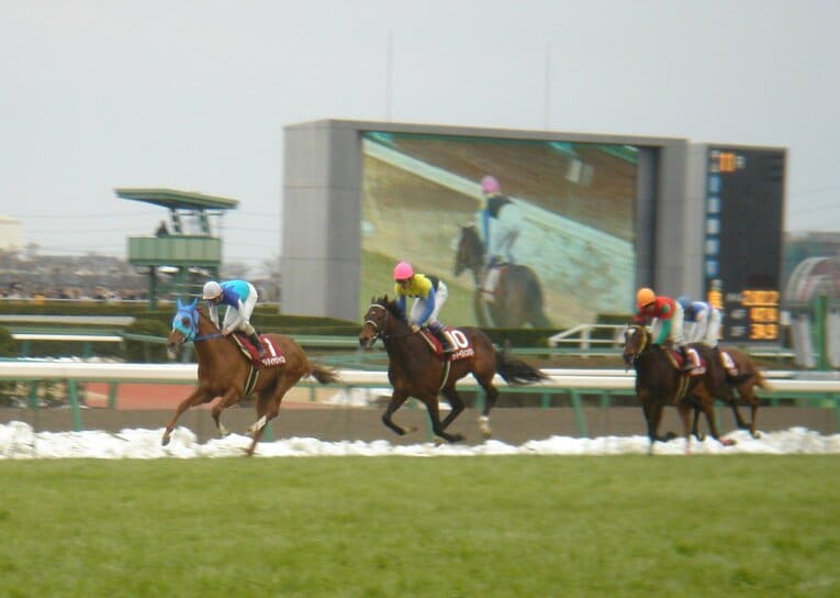 弥生賞でのディープインパクト（中央）。左はアドマイヤジャパン