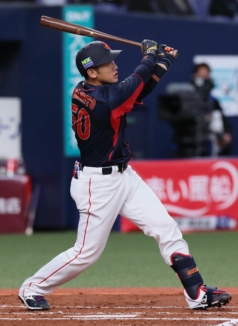 欧州代表との第2戦で2回に先制の犠飛を放った山本祐大　©︎SANKEI SHIMBUN