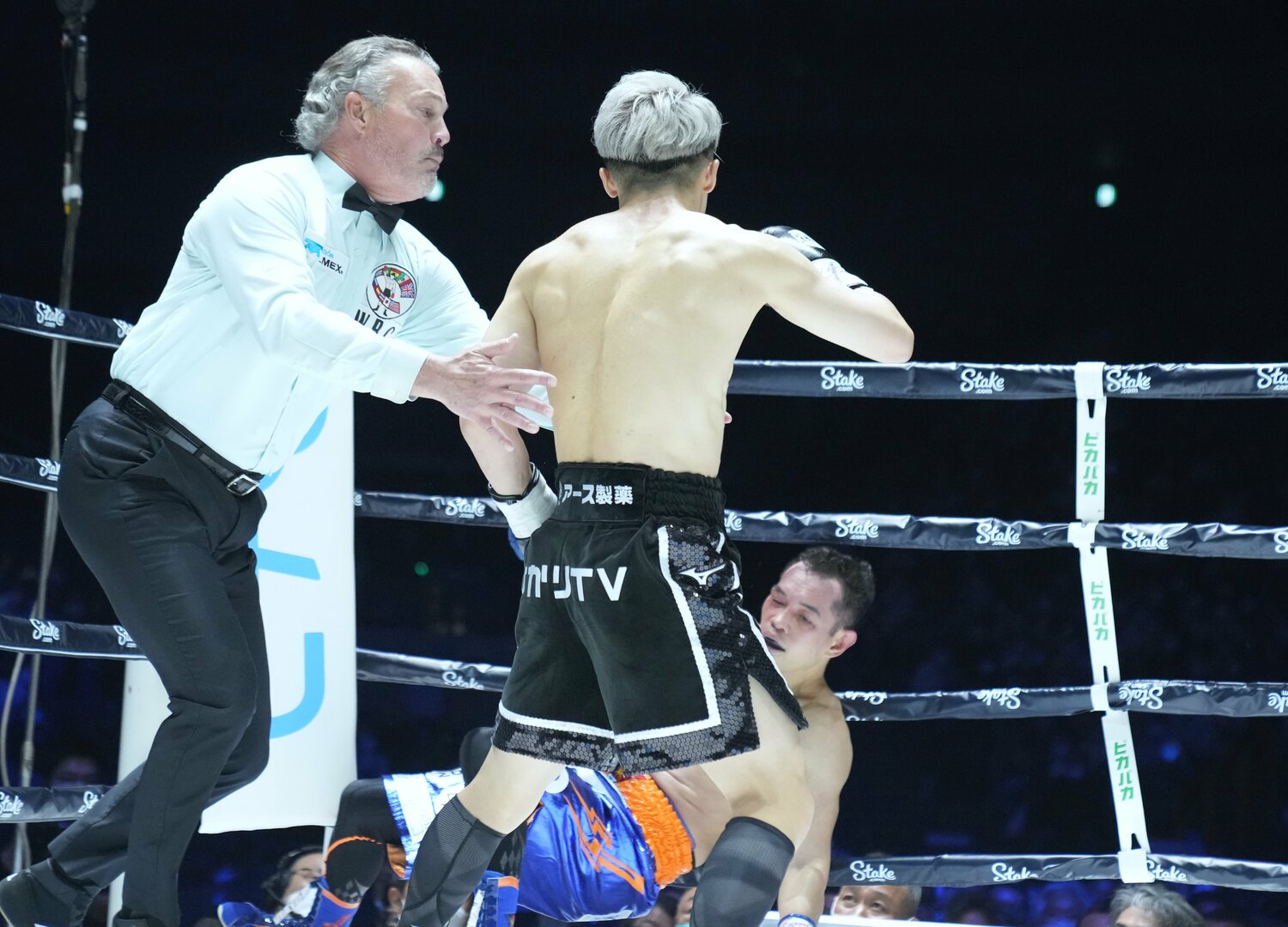 2ラウンド、井上の猛攻を受けてドネアがふたたびダウン。レフェリーが試合をストップした ©Naoki Fukuda