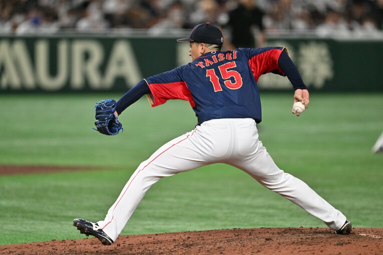 WBCオーストラリア戦に3番手で登板した大勢。1イニングを無失点に抑えた　©︎Naoya Sanuki