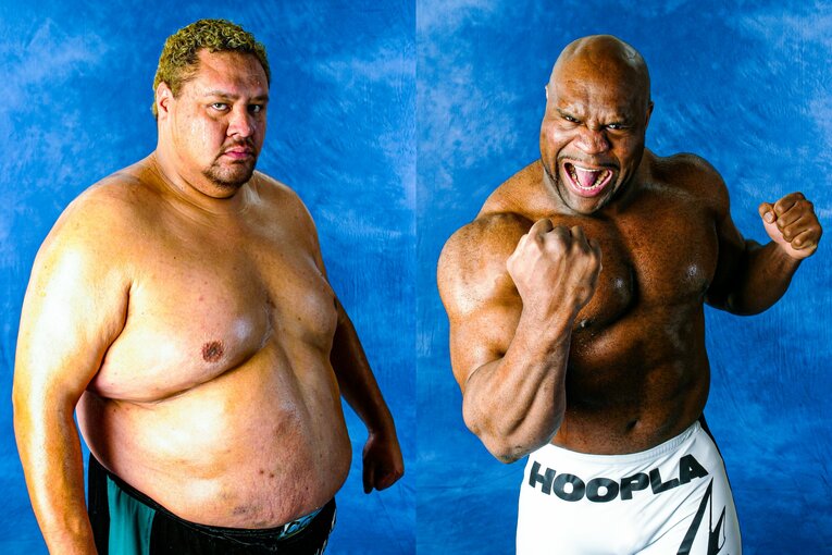 筆者が2003年の試合前にスタジオで撮影した曙とボブ・サップ