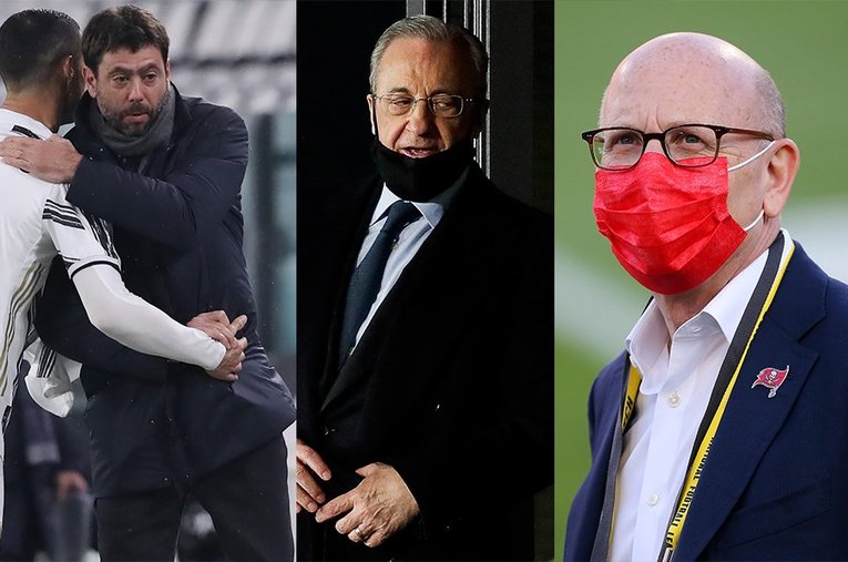 （左から）ユーべのアニェッリ会長、レアルのペレス会長、マンUのグレイザーオーナー。欧州SLの“首謀者”と見られている ／ photograph by Getty Images