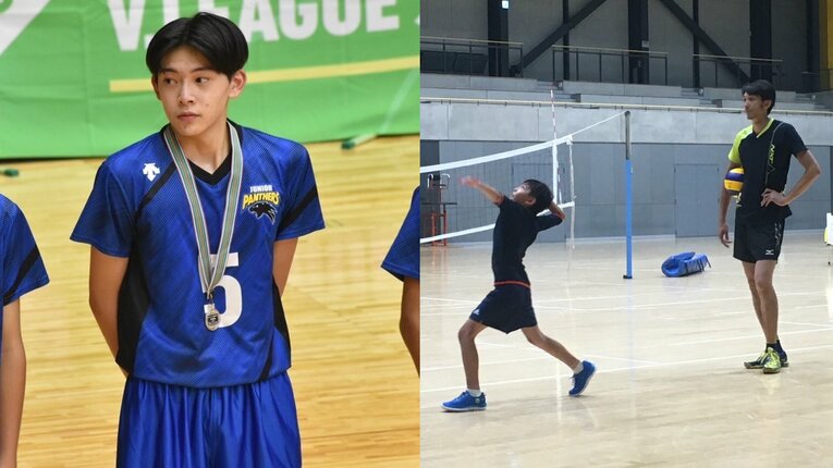 息子・凛虎の練習を見守る松本慶彦（右）。中学時代はパナソニックパンサーズのジュニアチームでプレーした（妻・小由樹さん提供）