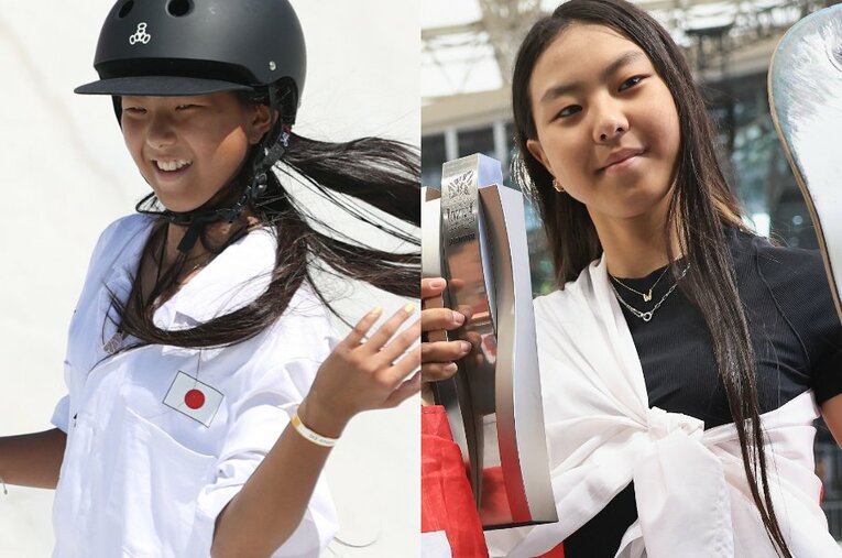 （左）東京五輪での開心那・当時12歳（右）2024年、15歳になり身長は22センチも伸びた現在 ／ photograph by L)JIJI PRESS、R)Getty Images